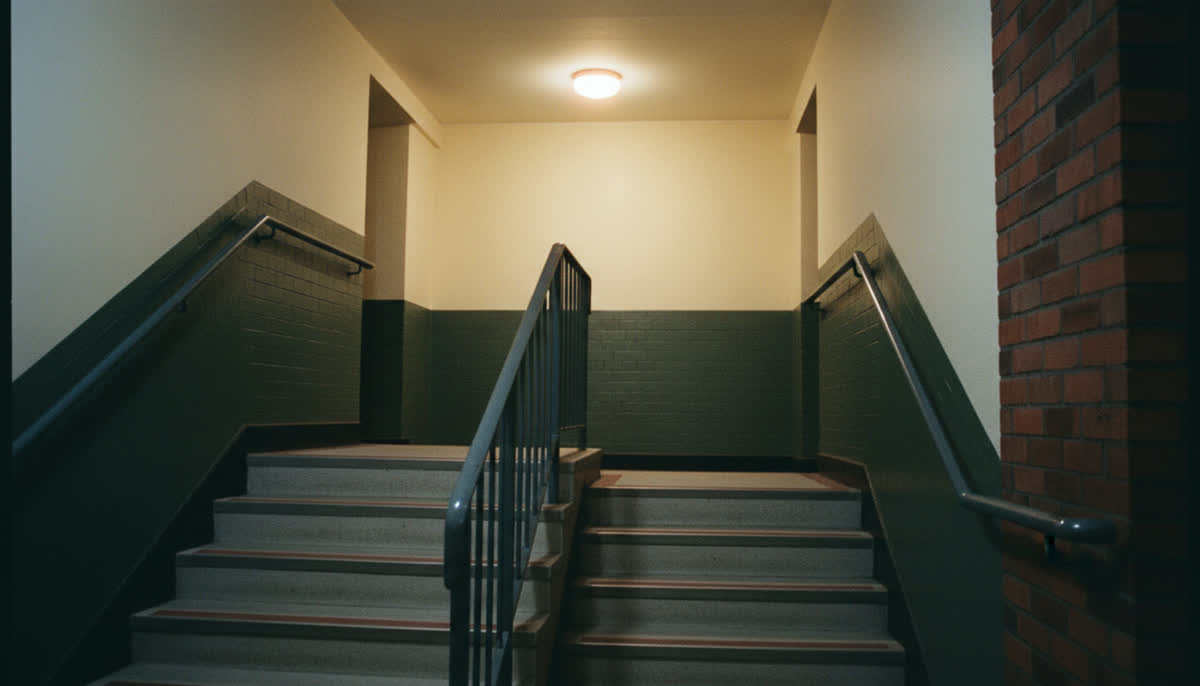 An empty communal stairwell at night