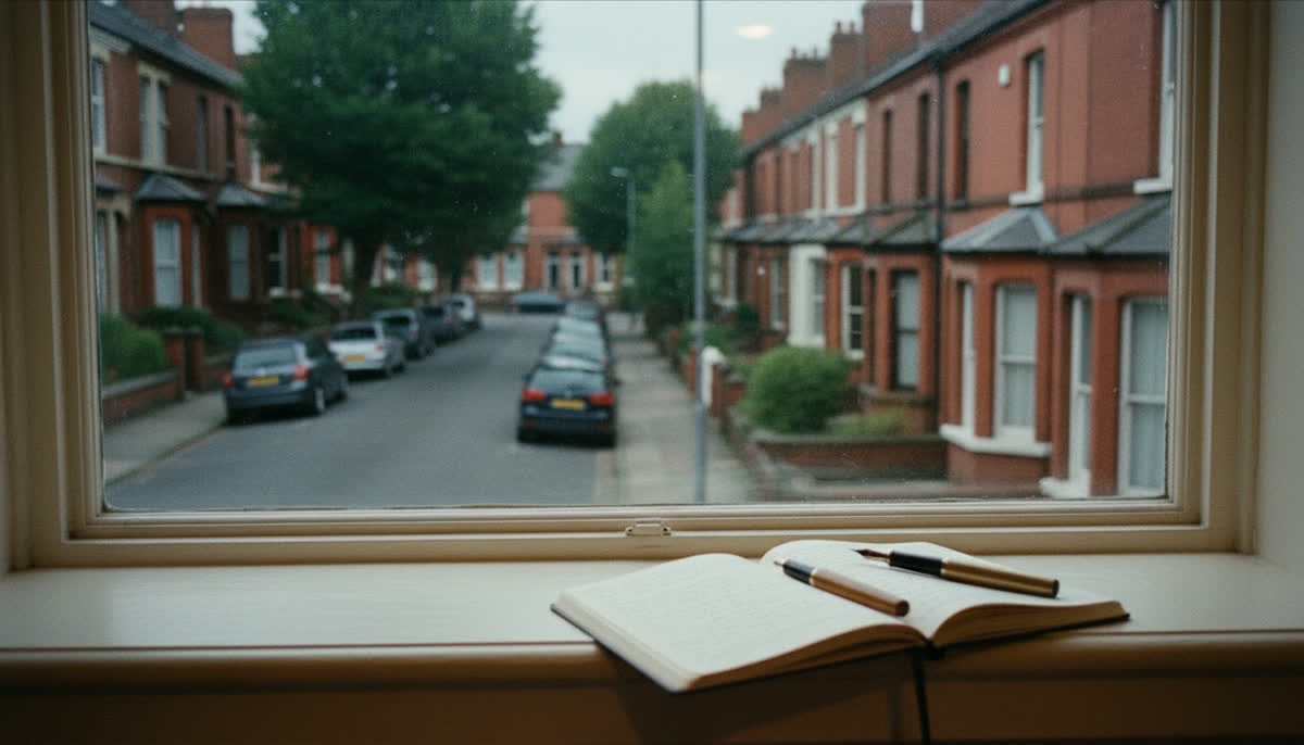 A notebook on a windowsill overlooking a street