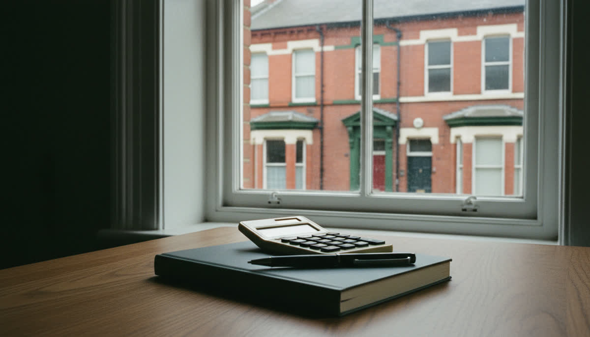 A calculator and pen on a notebook by a window