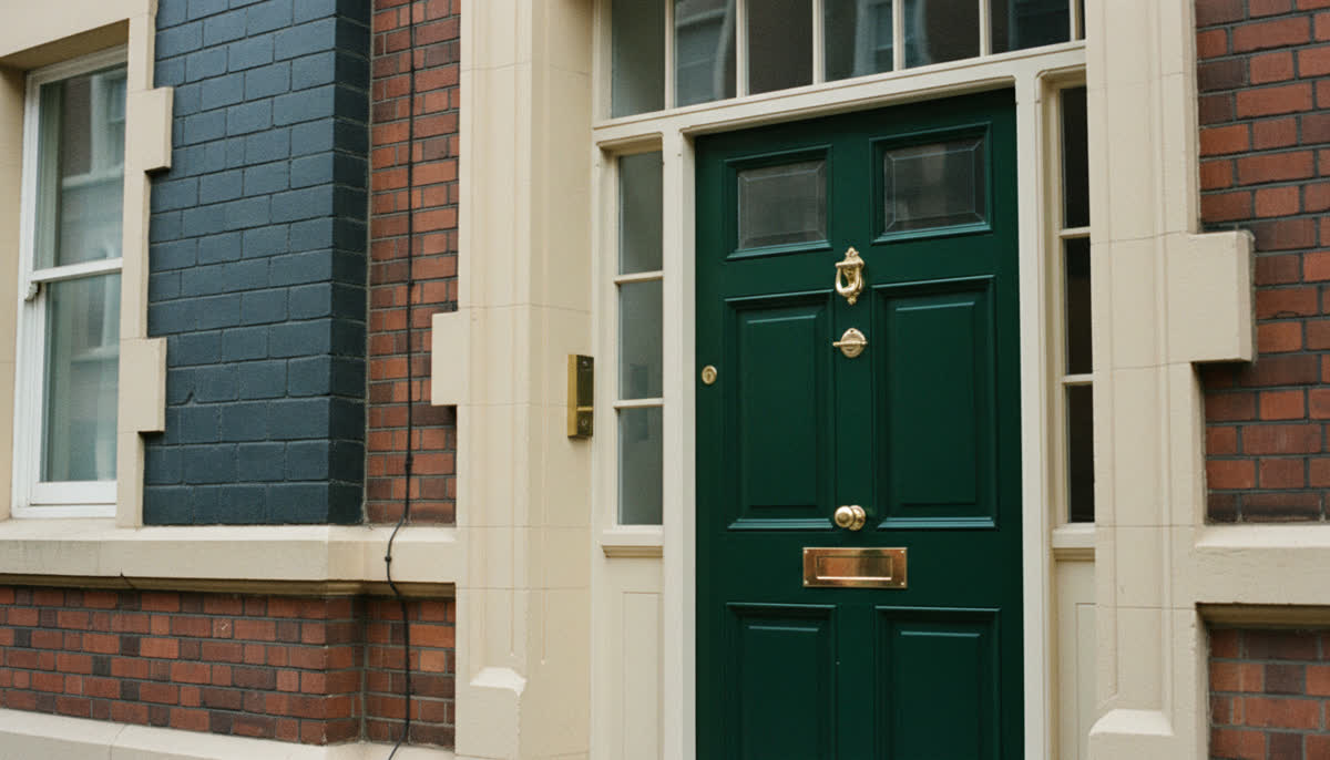 A polished brass door and letterplate on a period block