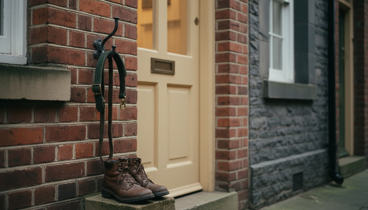 A dog's lead hanging by a front door
