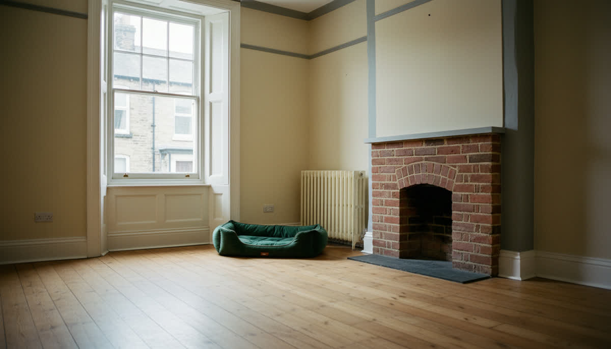 A dog bed in the corner of a tidy living room