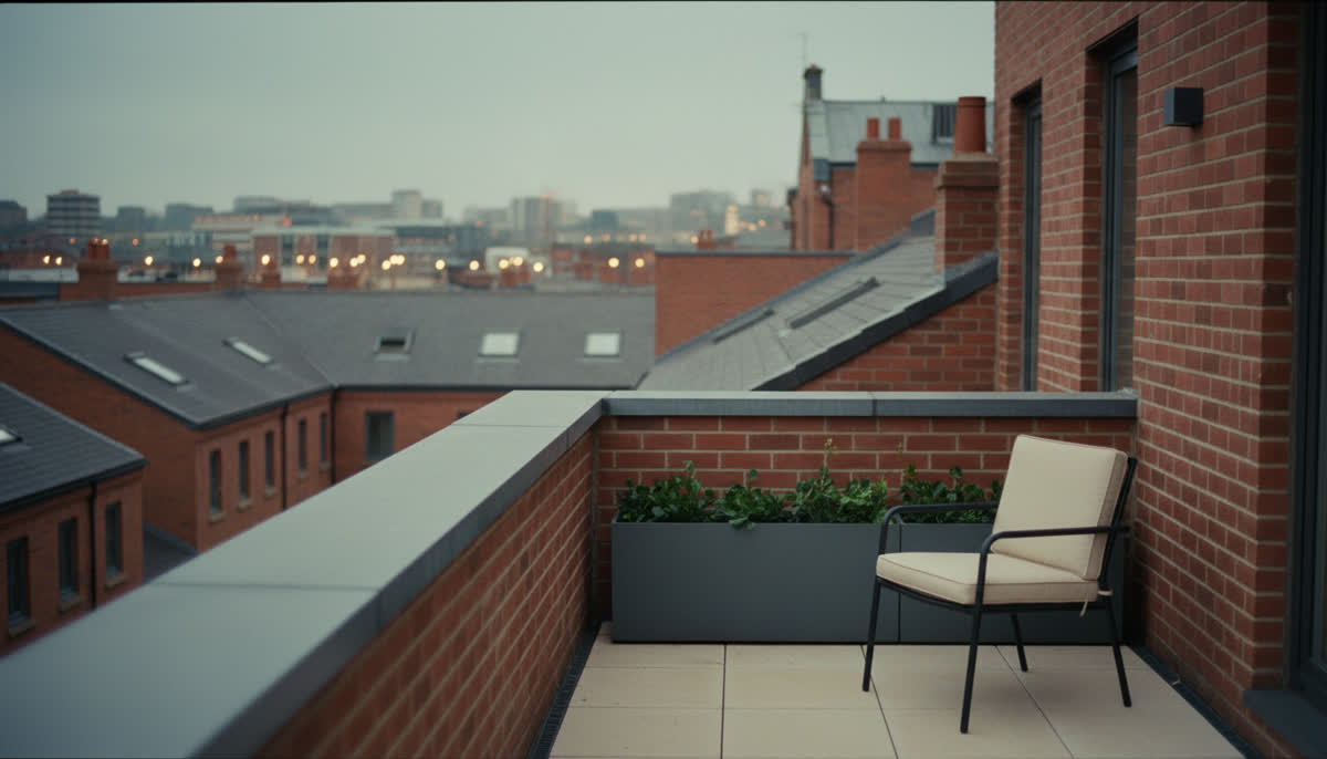 A flat balcony at dusk overlooking rooftops