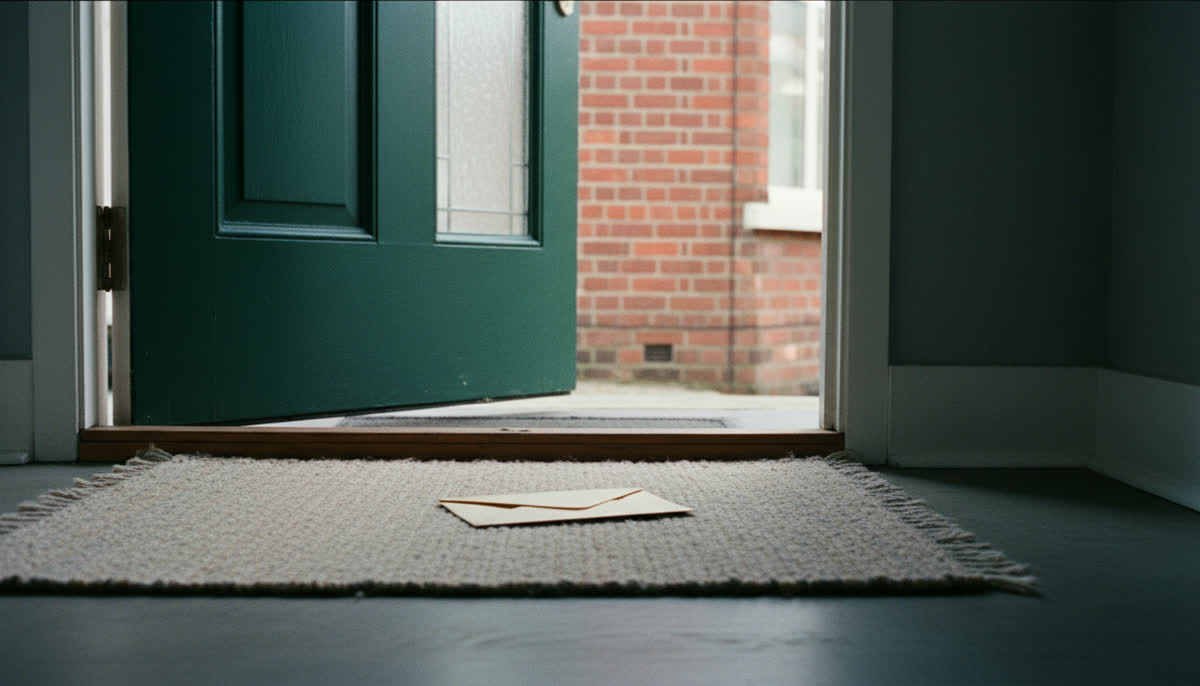 An unopened envelope on a doormat