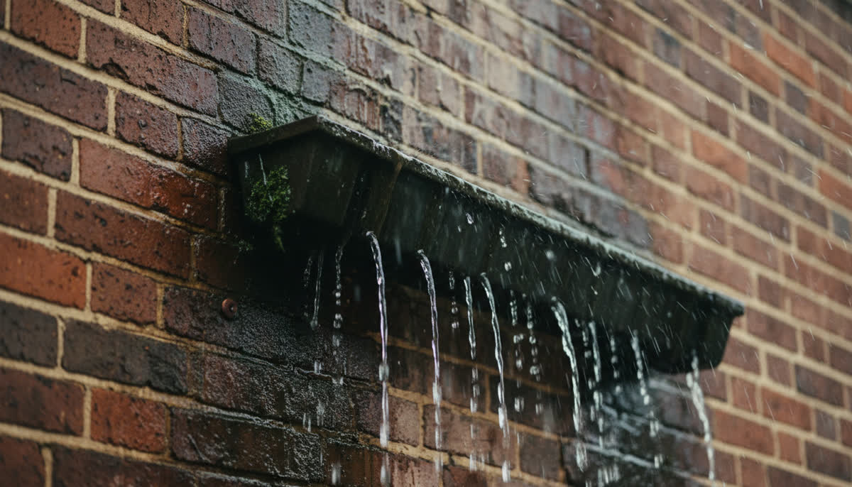 An overflowing gutter staining a brick wall in rain