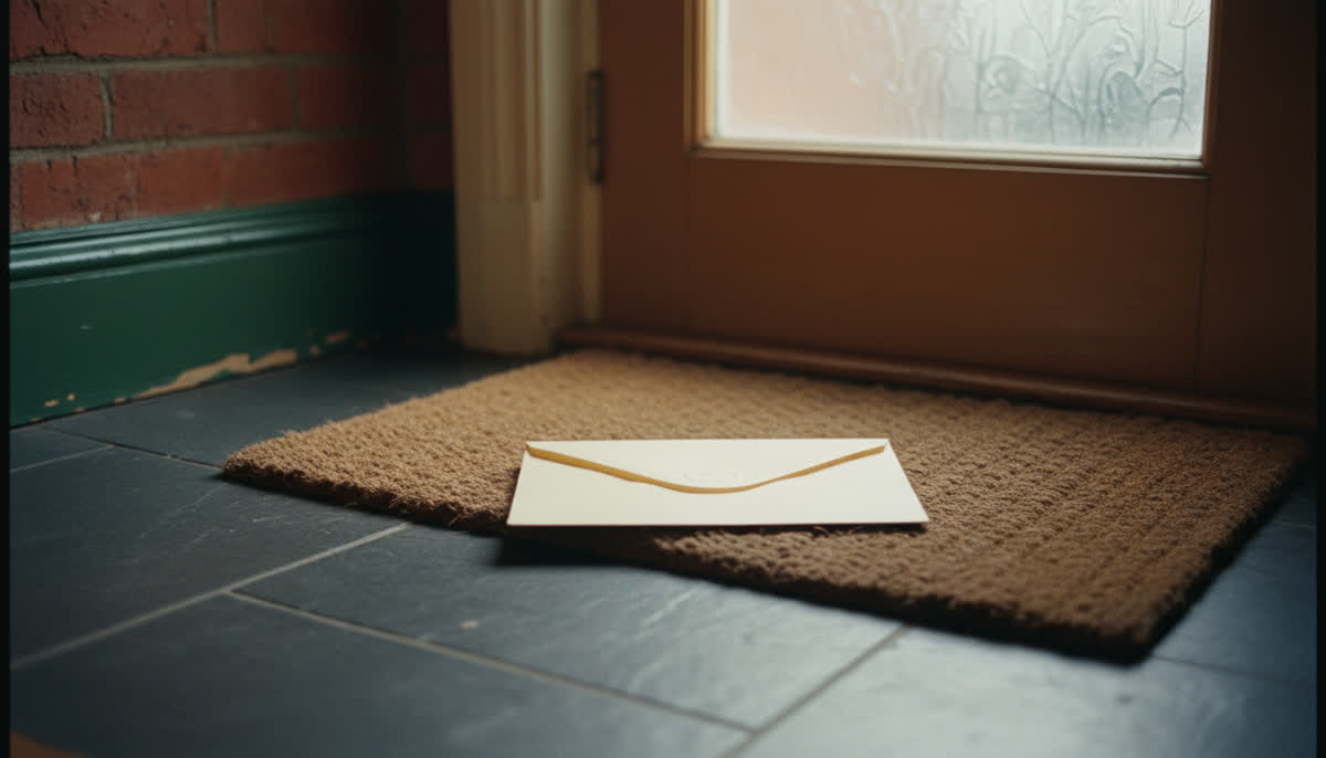 An unopened envelope on a doormat