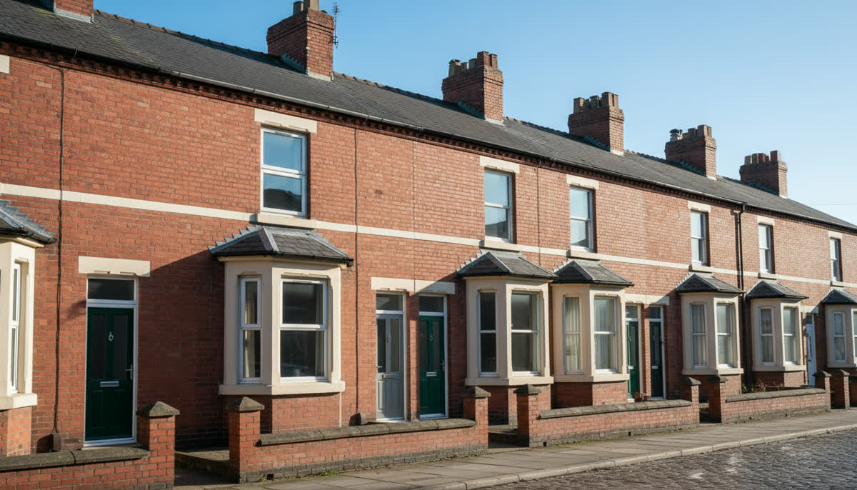 Well-kept terraced houses on a bright winter morning