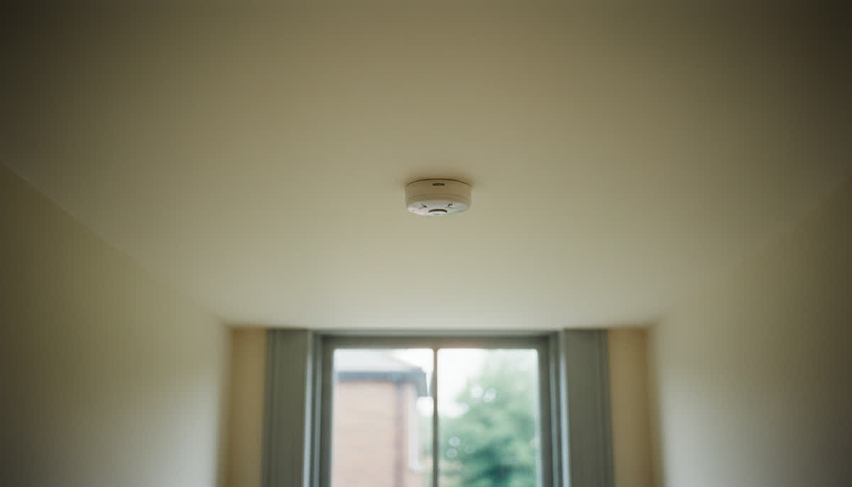 A smoke alarm on a hallway ceiling