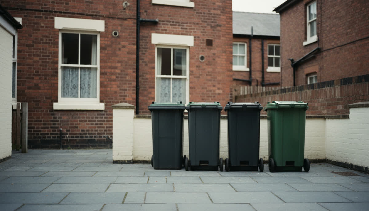 Wheeled bins in a swept yard behind a house