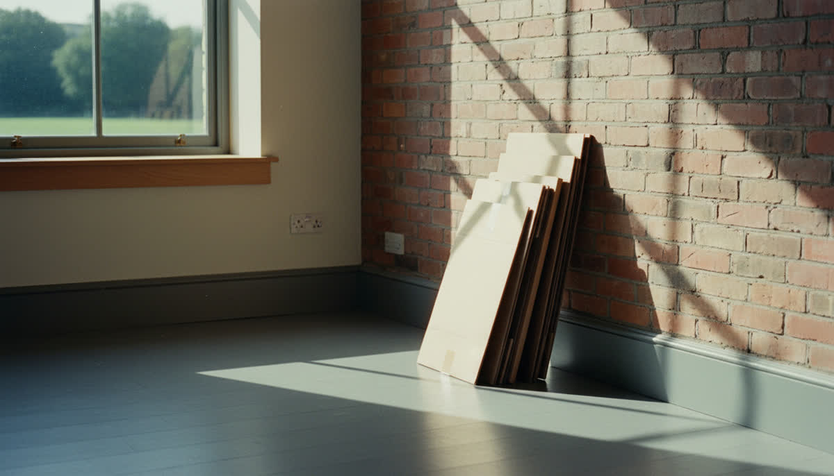 Flattened boxes stacked in an empty room