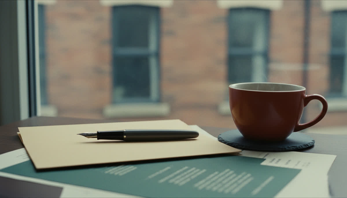 A pen resting on a folder beside a cup of tea
