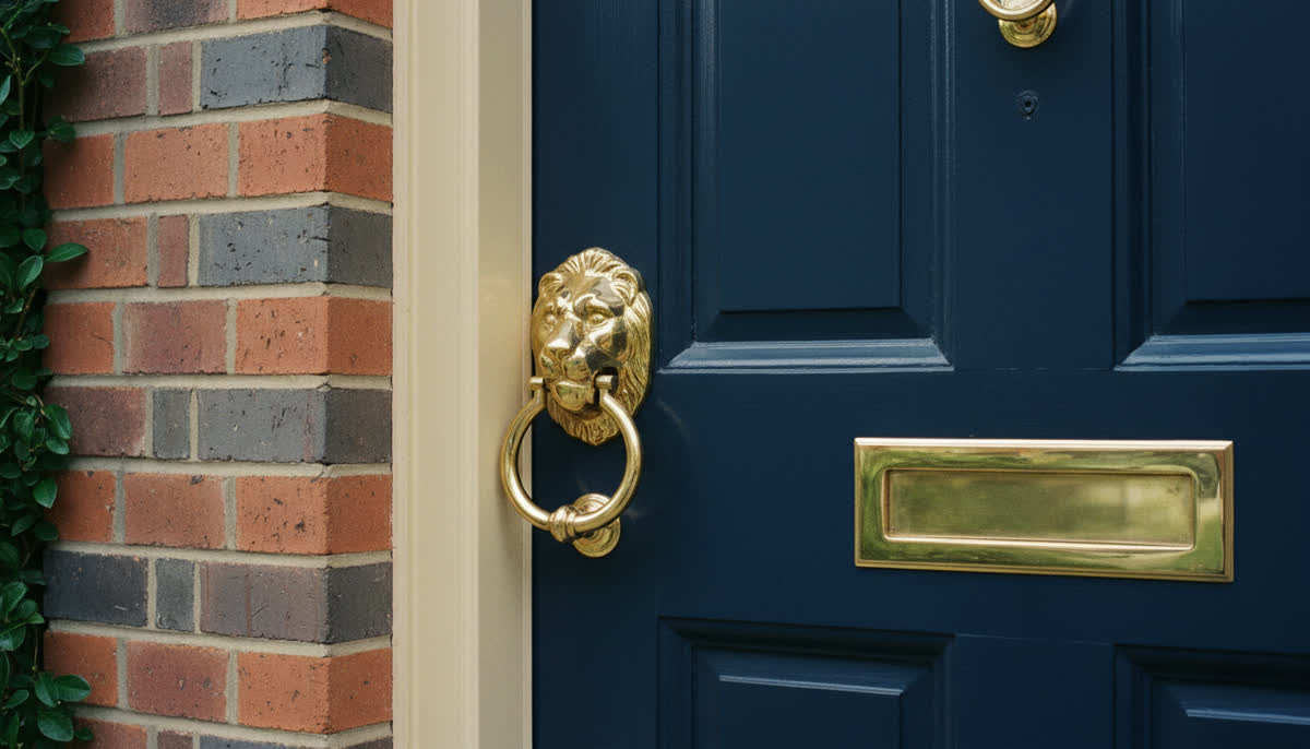 A brass knocker on a navy front door
