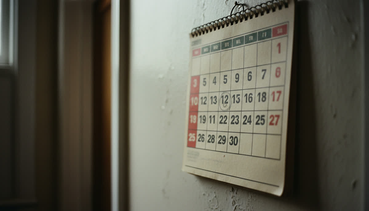 A hallway calendar with one date circled
