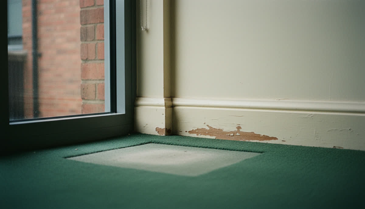 A scuffed skirting board and small carpet mark