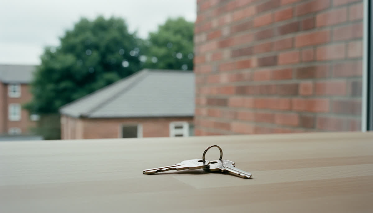 A set of keys on a wooden worktop