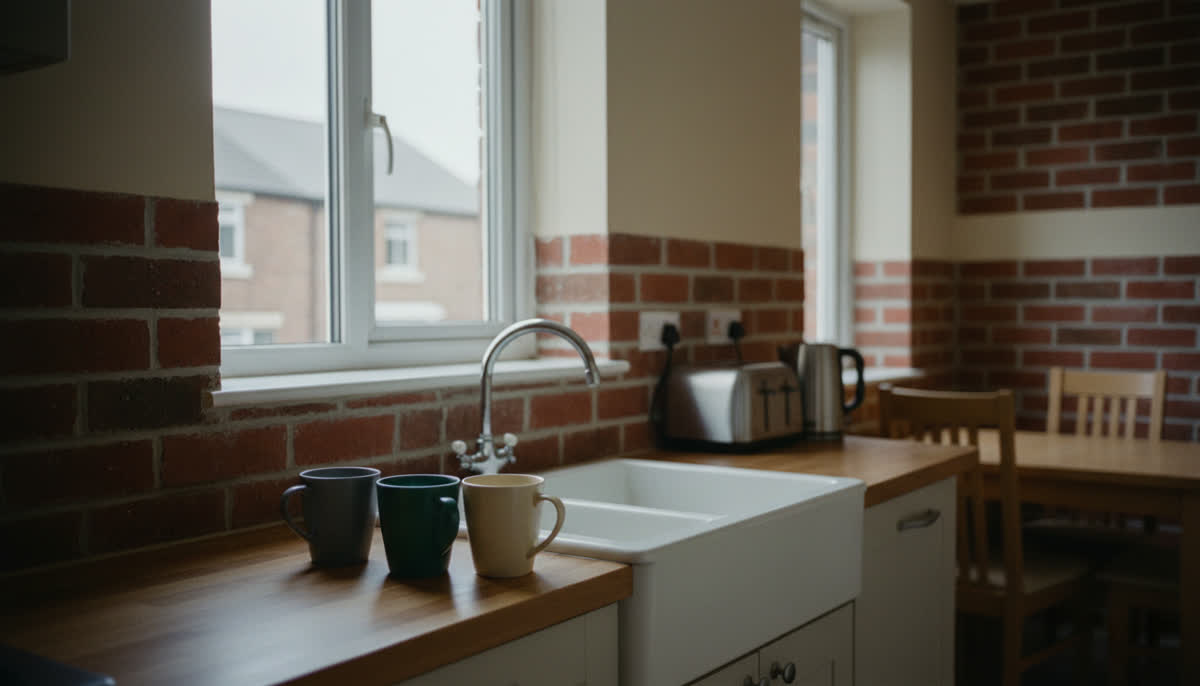 A tidy shared kitchen with mugs on the draining board