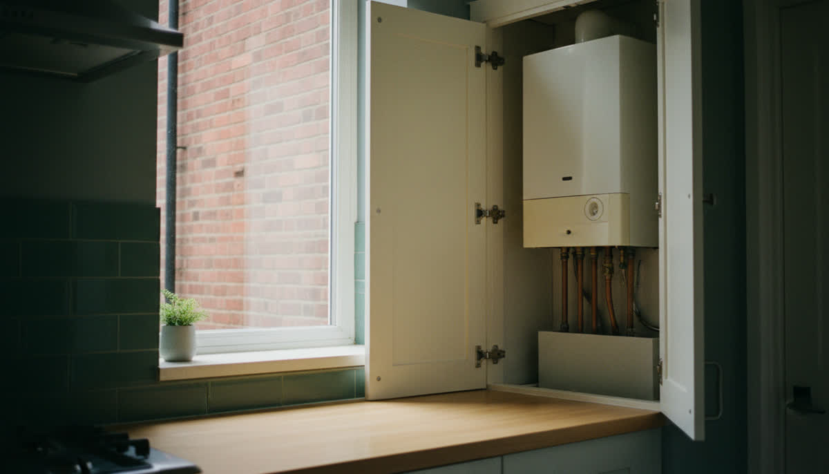 An open boiler cupboard showing a clean boiler
