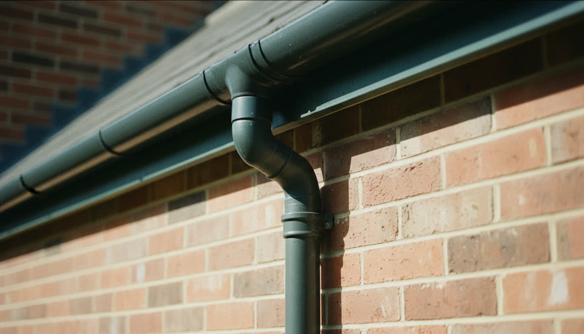 A clean gutter and downpipe against brickwork