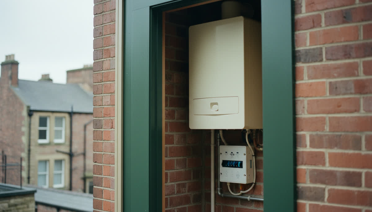 A tidy utility cupboard with a boiler and consumer unit
