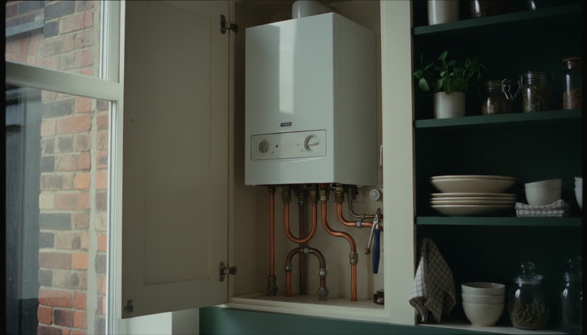 A gas boiler in a kitchen cupboard