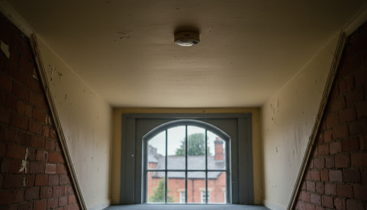 A smoke alarm on a hallway ceiling