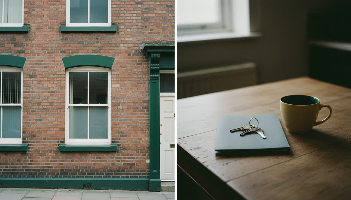 Keys on a folder beside a cup of tea at night