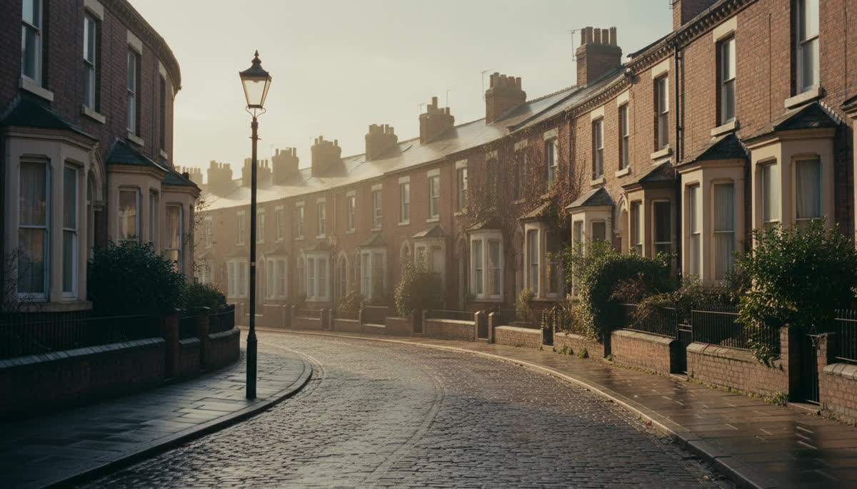 A terraced Manchester street in late afternoon light