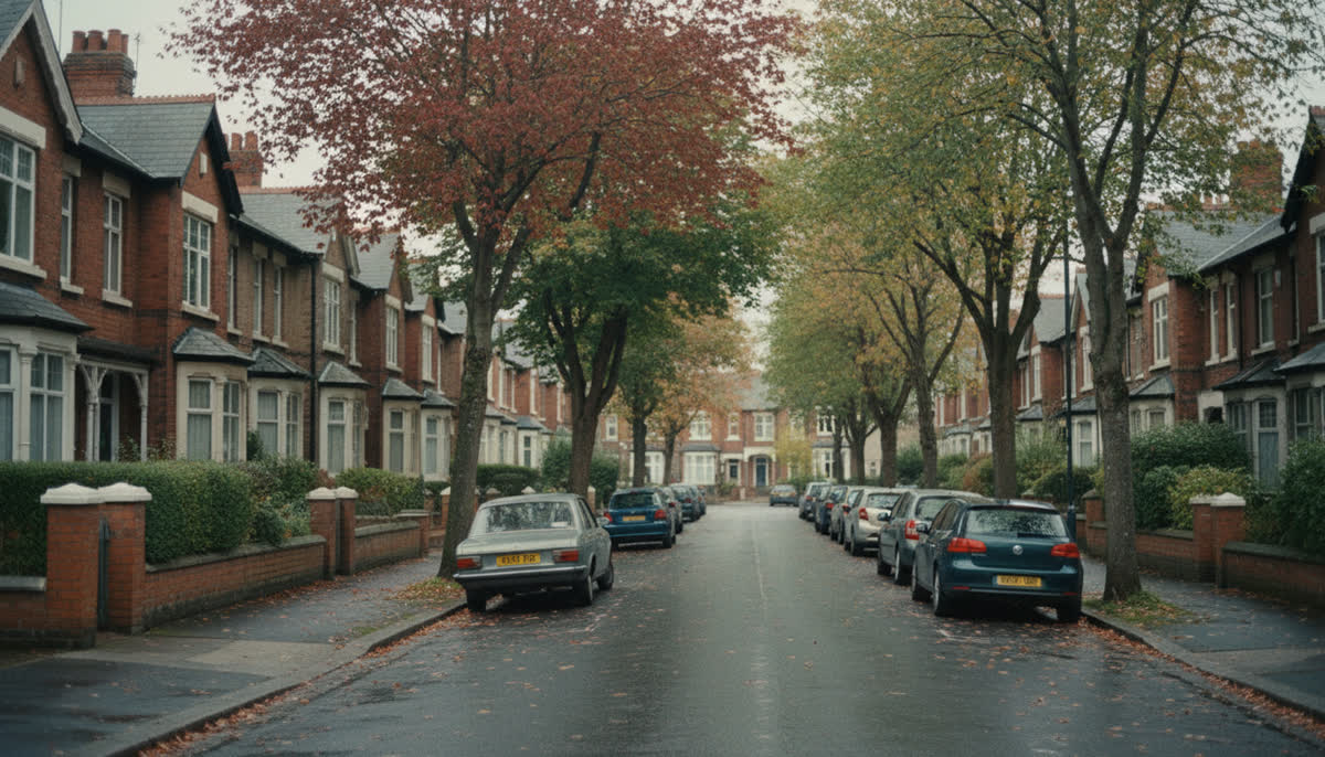 A tree-lined suburban avenue of semi-detached houses