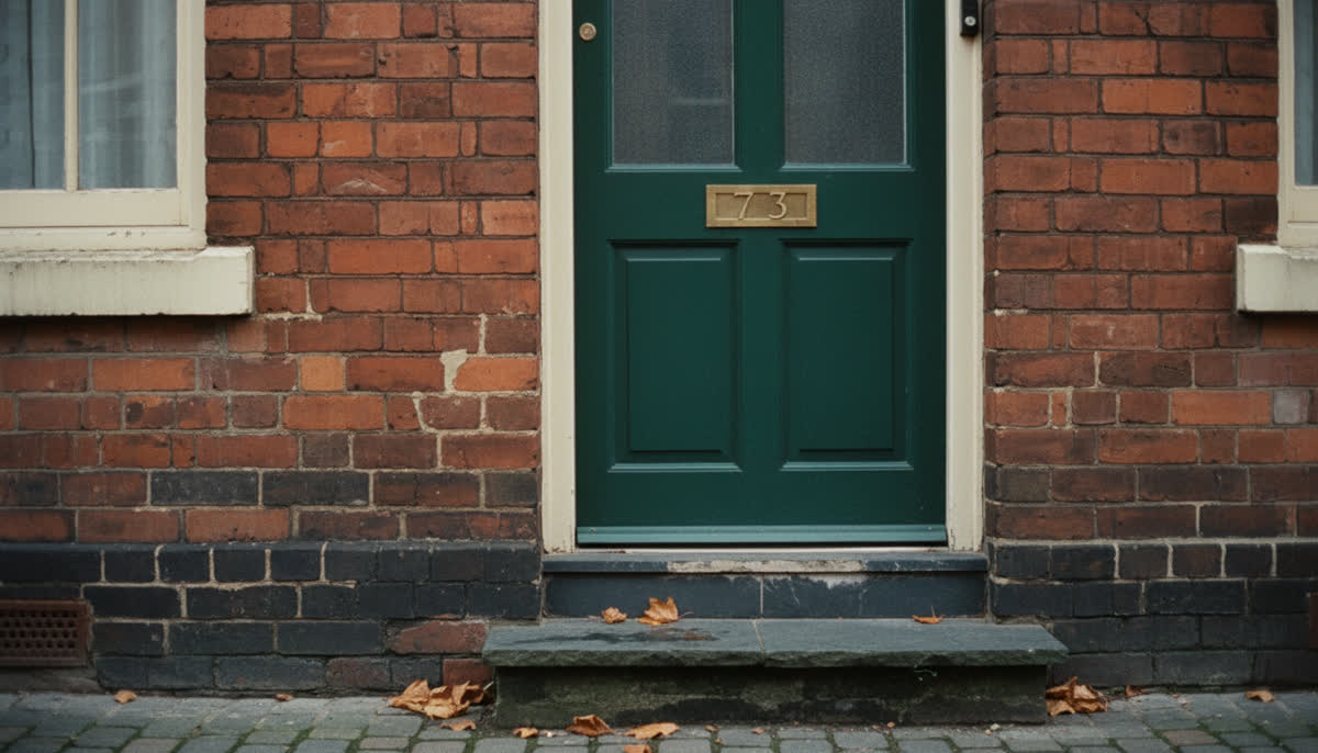 A numbered front door on a red-brick terrace
