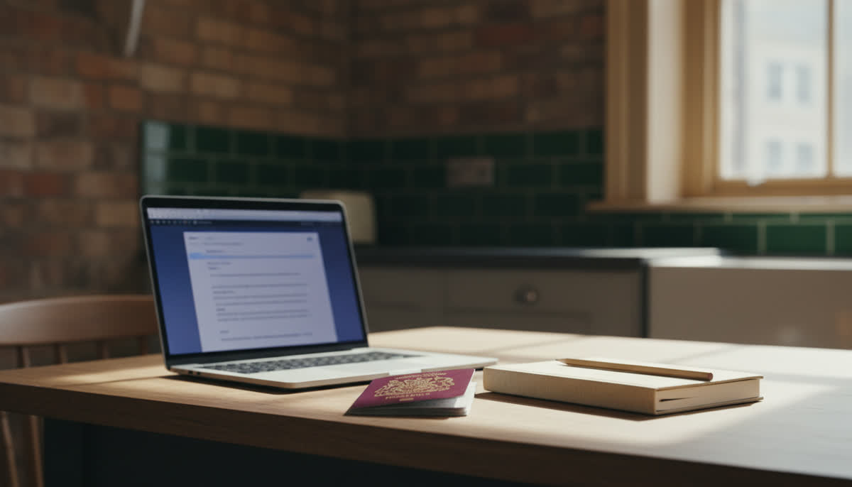 A laptop, passport and notebook on a kitchen table