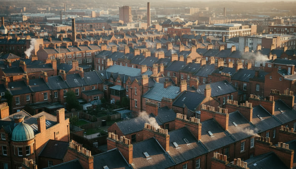 Manchester rooftops from above at golden hour