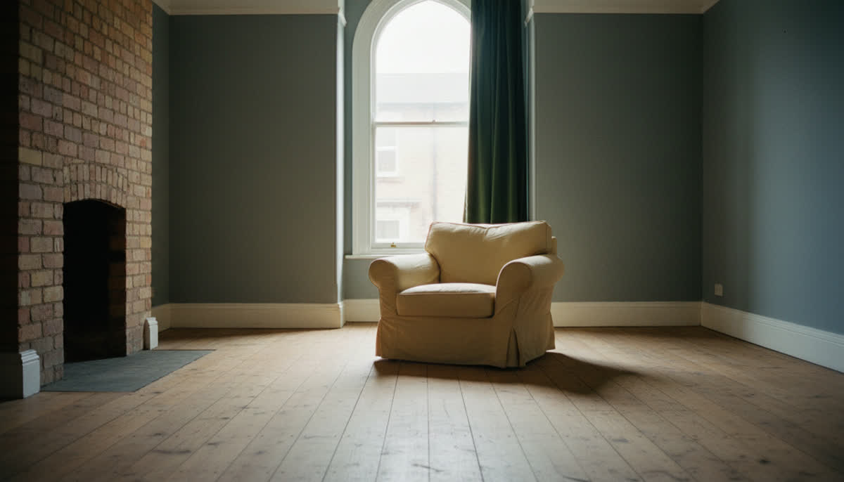 An empty living room with bare floorboards