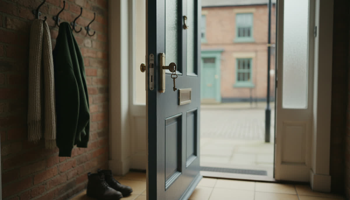 A hallway and front door with keys in the lock