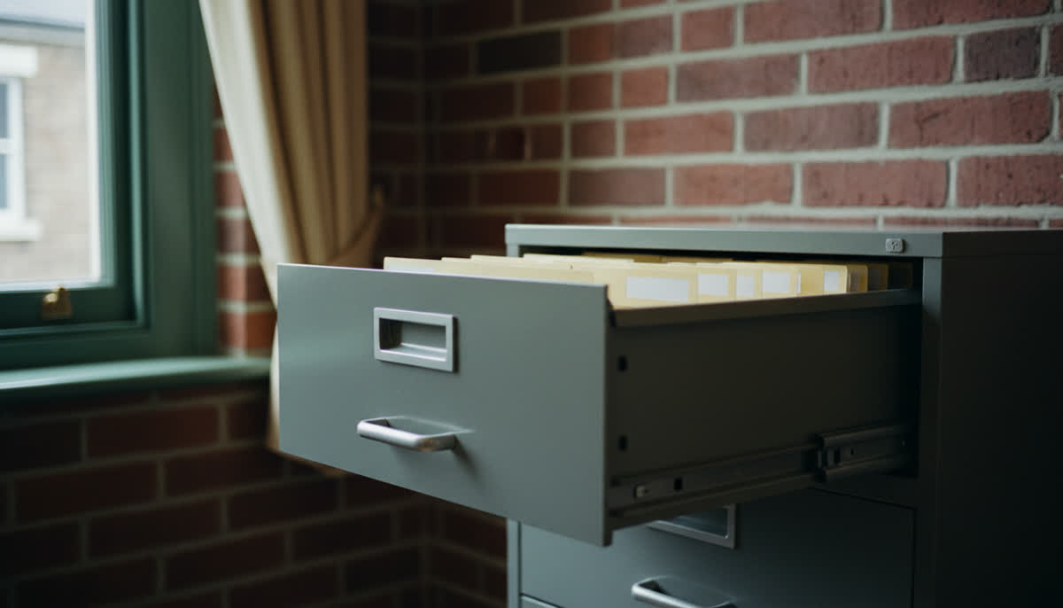 A filing drawer with neatly tabbed dividers
