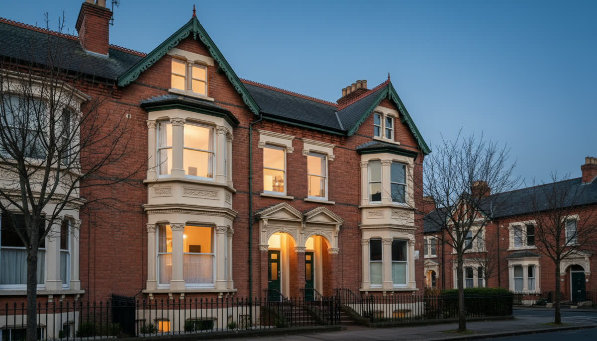A bay-fronted house at dusk with lit upper windows