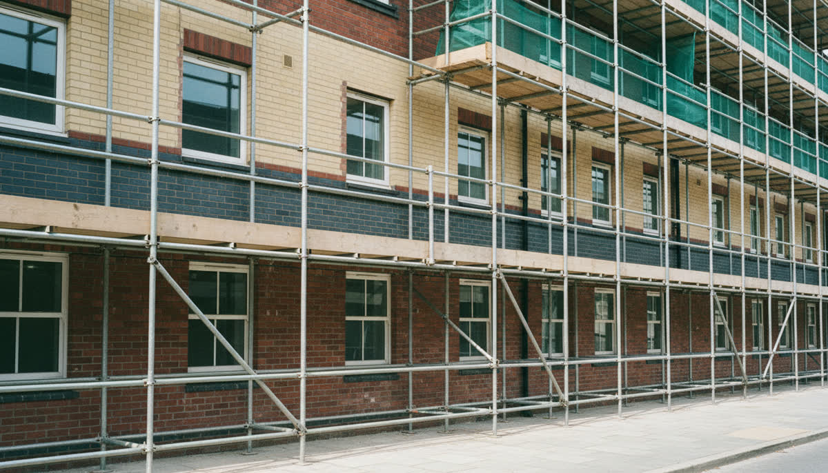 Scaffolding against a well-kept apartment building