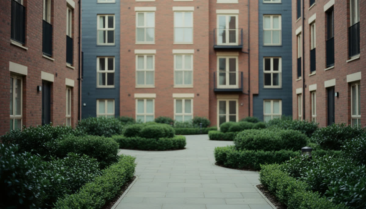 A landscaped courtyard between apartment blocks