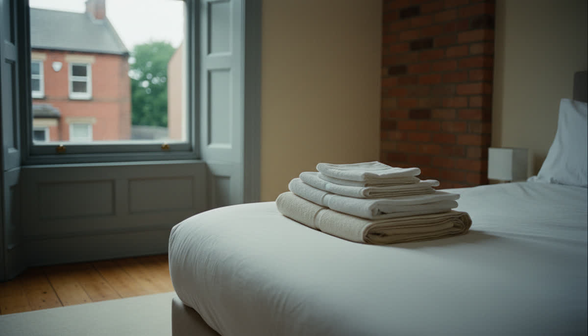 Fresh folded towels and linen on a bed