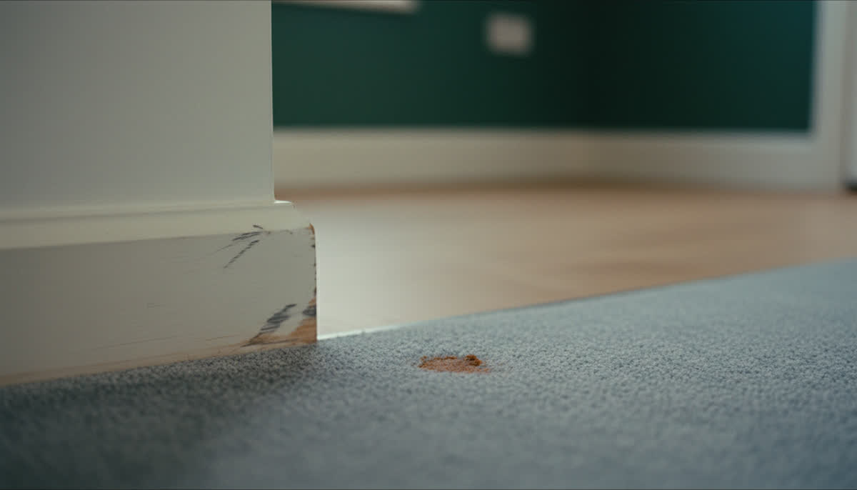 A scuffed skirting board and a small carpet mark