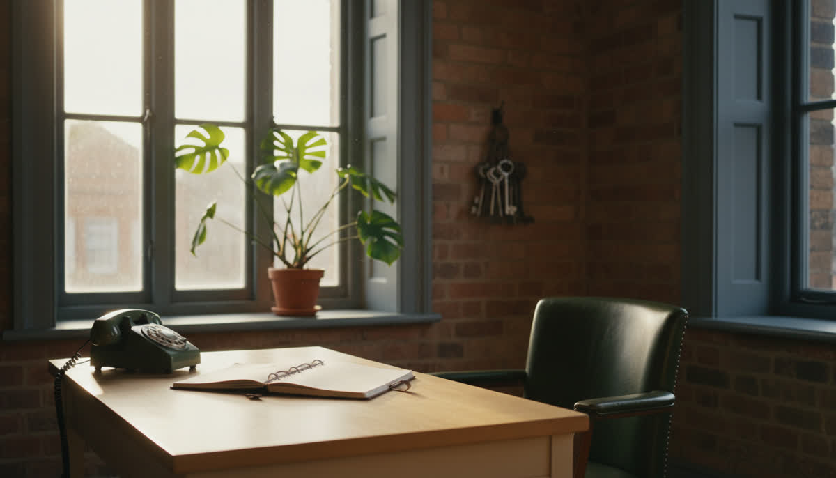 A desk with a diary, phone and keys by a window