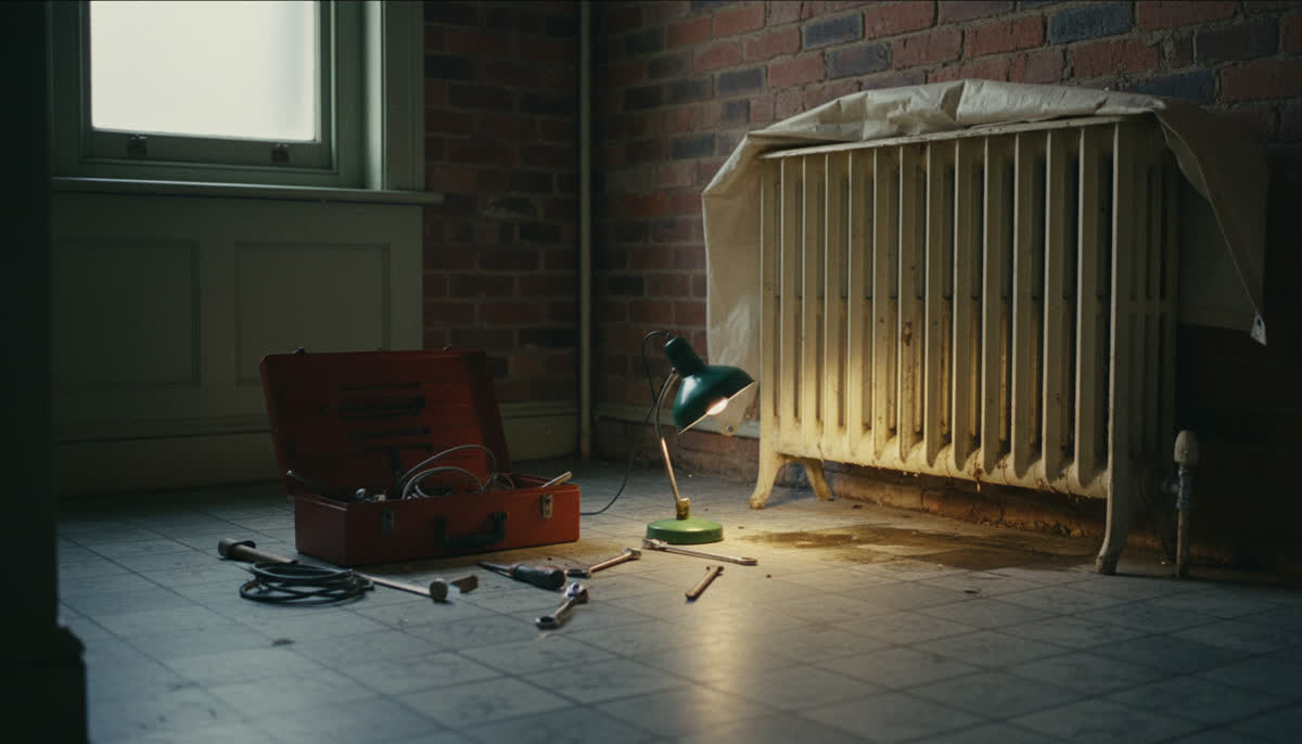 An open toolbox beside a radiator being repaired