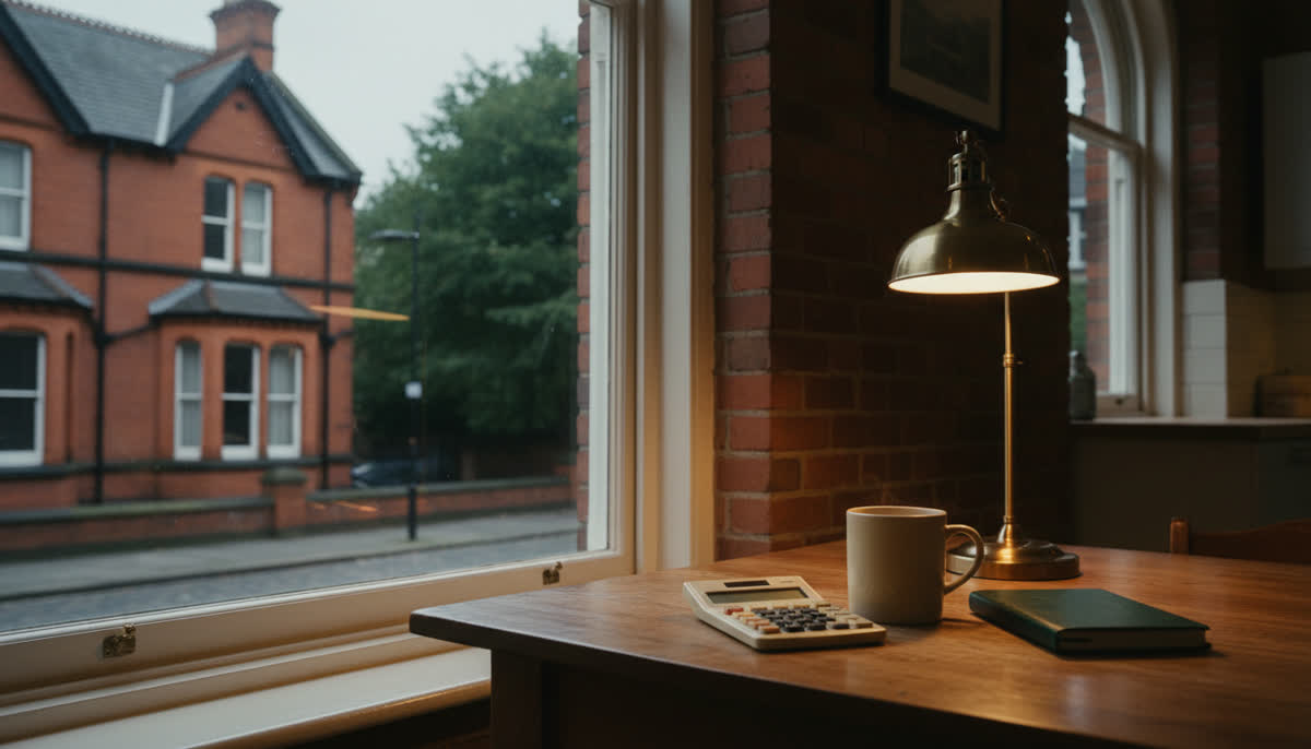 A calculator and a mug on a kitchen table at night