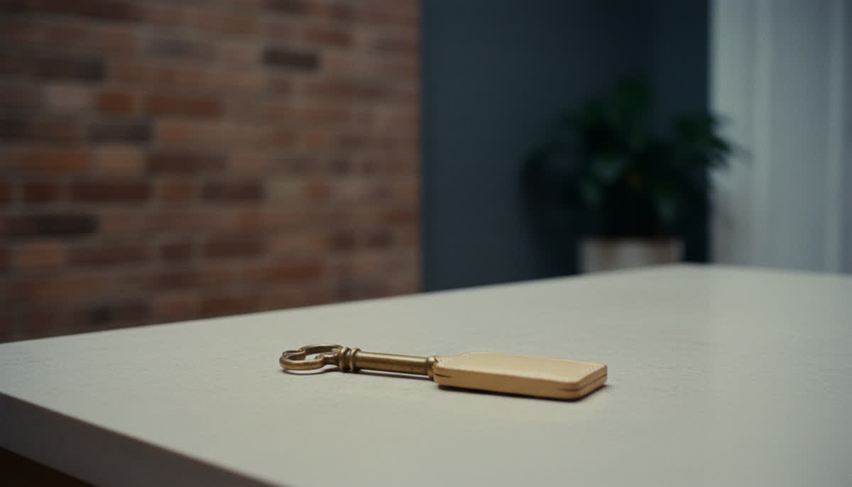 A door key and plain fob on a countertop